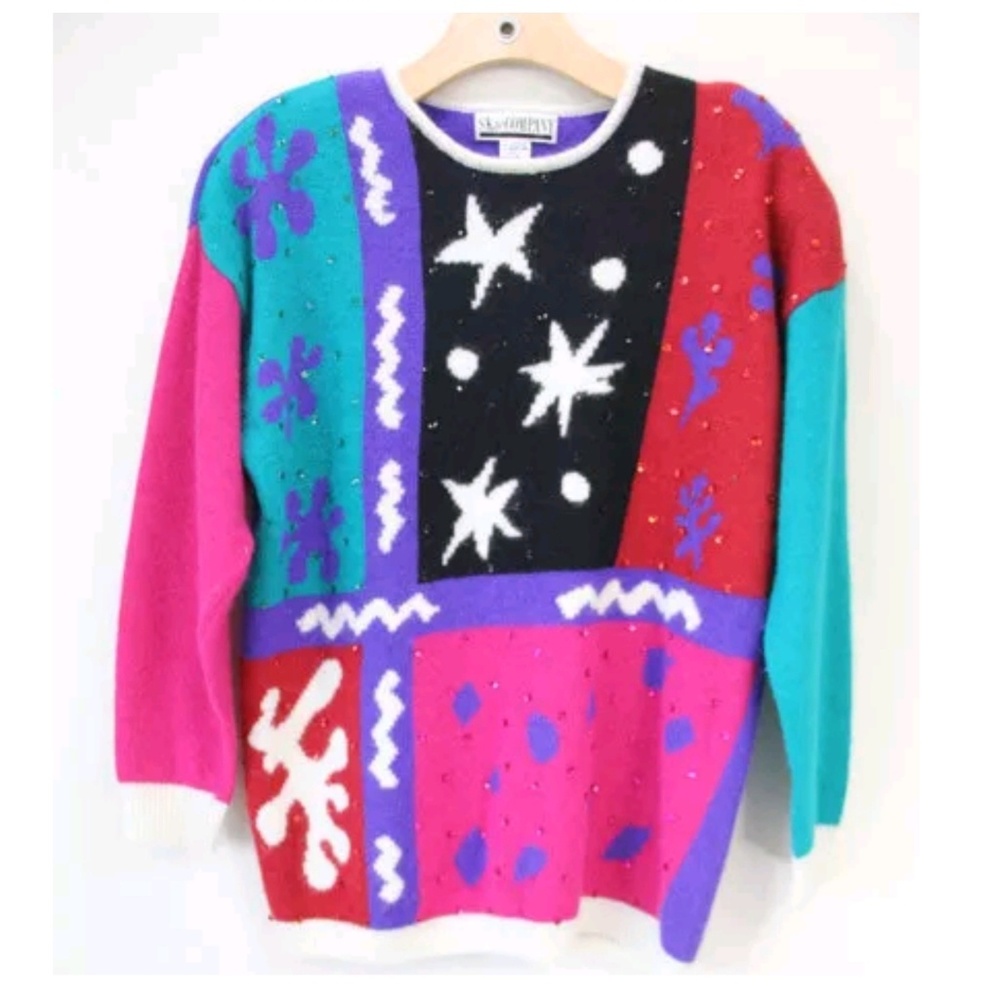 Women Vintage Wool Sweater Medium 90s Colorful novelty print Soft sequins